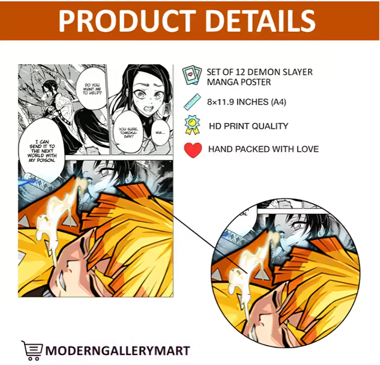 Set of 12 Demon Slayer Manga Style A4 Panels for Wall Art Anime poster (8.3 x 11.7 Inches with HD Quality)